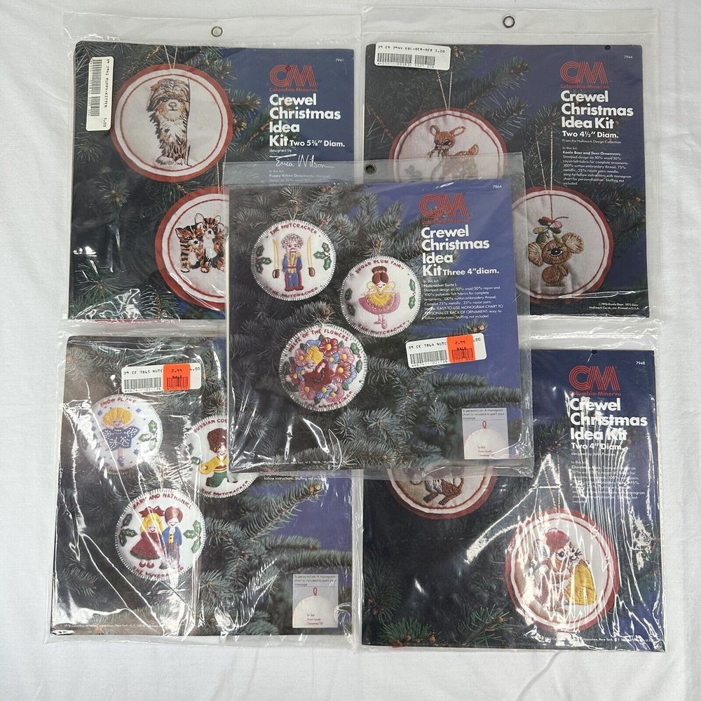 (5) Columbia-Minerva Crewel Christmas Idea Kits Ornaments‎ Vtg 1976 1978 NEW NOS